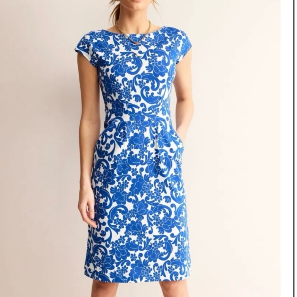 Boden Florrie Blue White Jersey‎ Dress Smart Summer Pockets US 4P Easy Wear